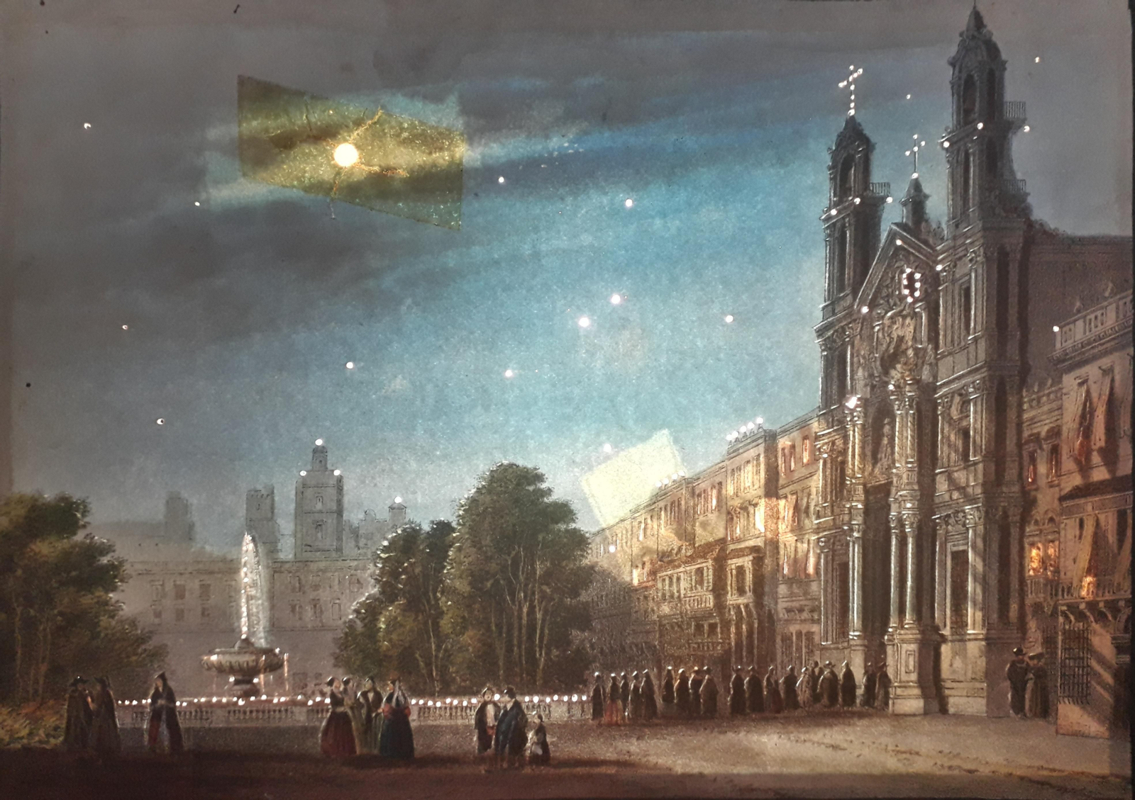 Alameda de David Roberts iluminada de noche en un diorama, 1837.