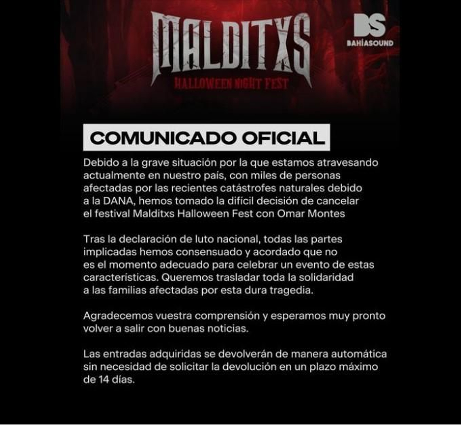 Comunicado oficial del Bahía Sound sobre la suspensión. Comunicado oficial del Bahía Sound sobre la suspensión.