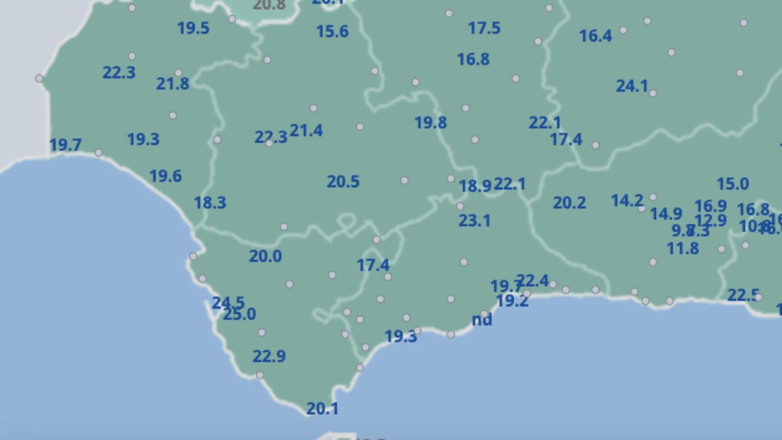 Registro de las temperaturas mínimas el viernes 30 de mayo de 2025