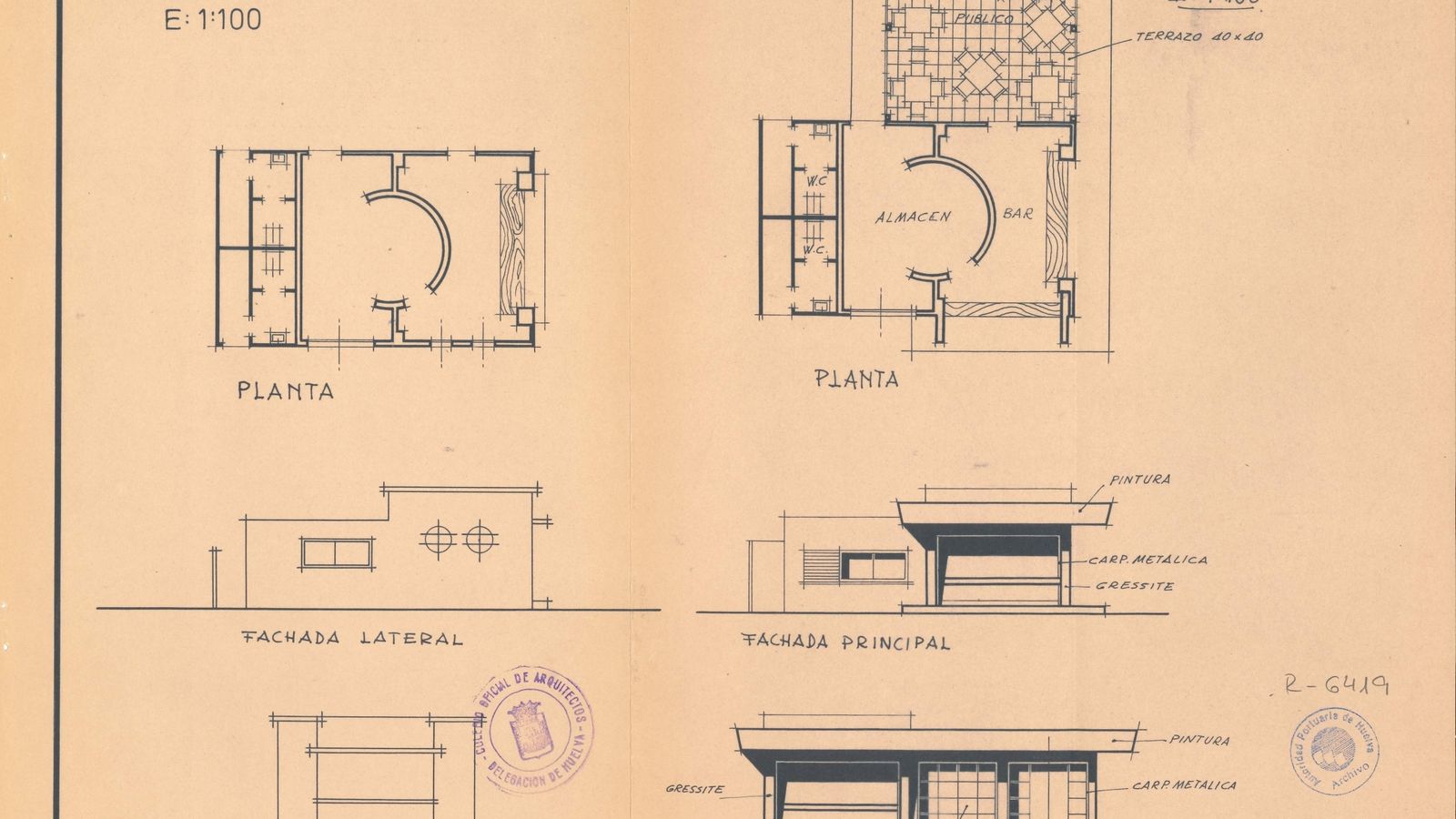 Los planos muestran el diseño de Francisco Sedano Arce y una reforma propuesta por Ricardo Anadón de 1969 que no llega a ejecutarse.