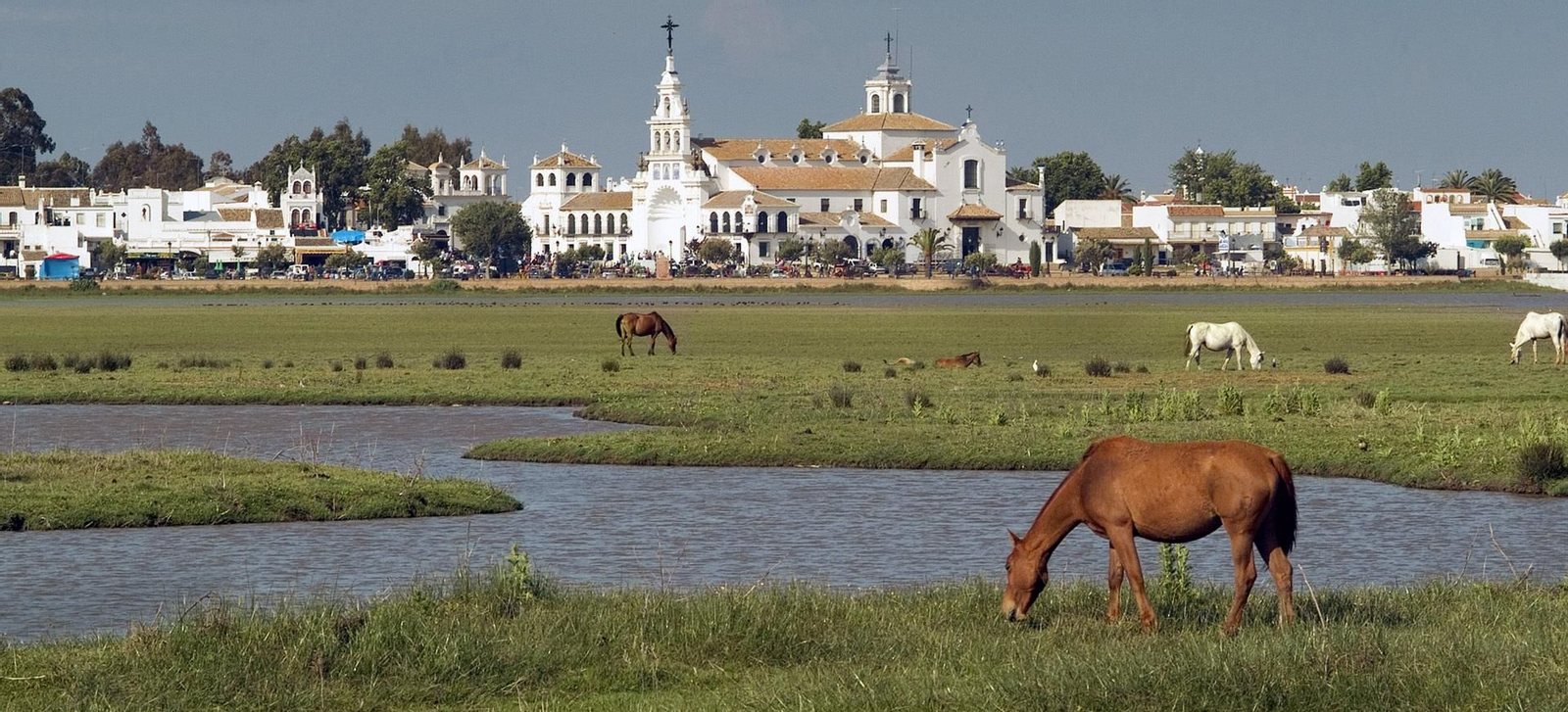 Parque Nacional de Doñana, con la ermita de El Rocío de fondo.
