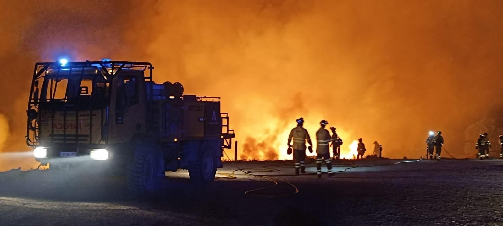 Efectivos del Plan Infoca, trabajando en el incendio en Tarifa.