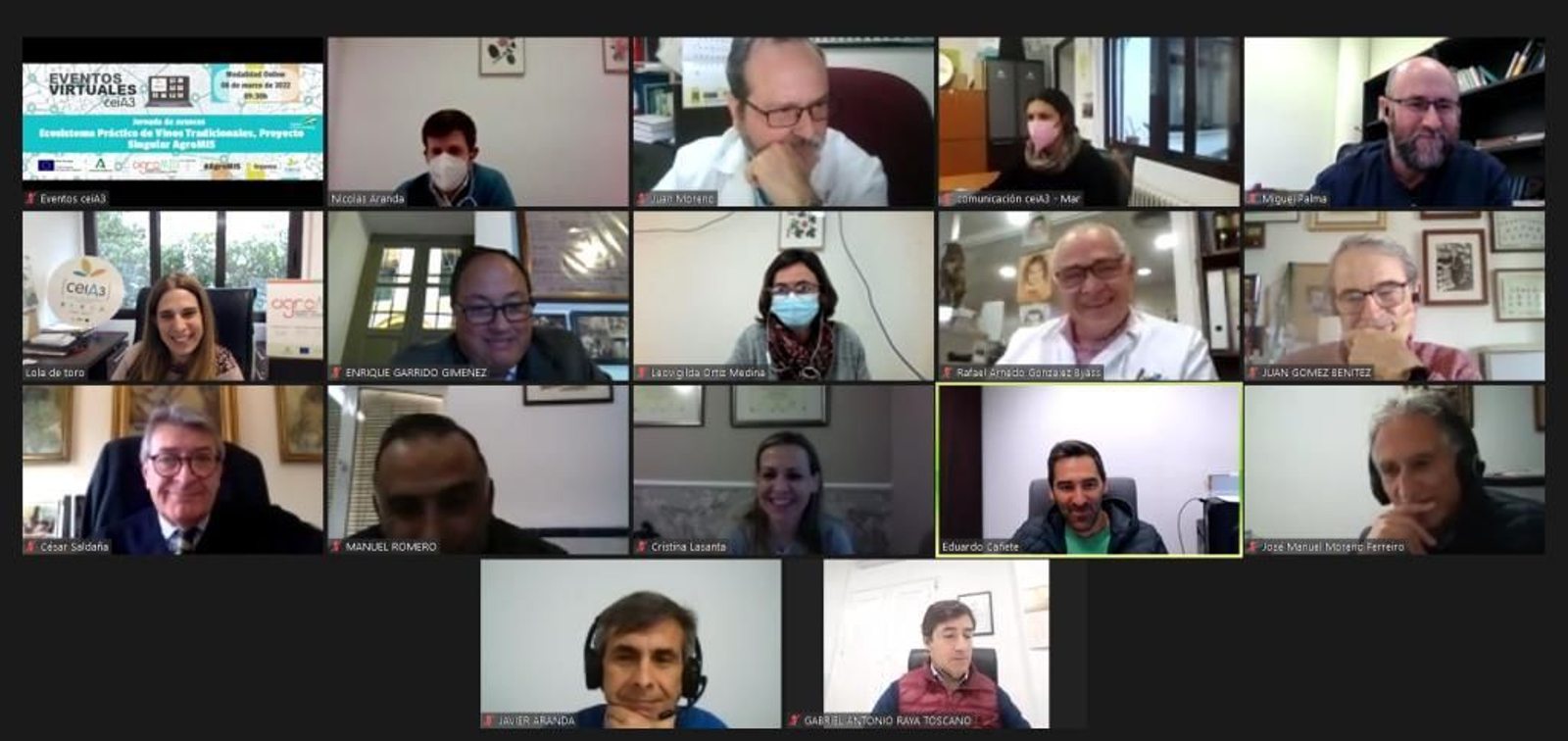 Captura de pantalla de la sesión telemática sobre avances en la investigación con vinos tradicionales andaluces del programa singular AgroMIS