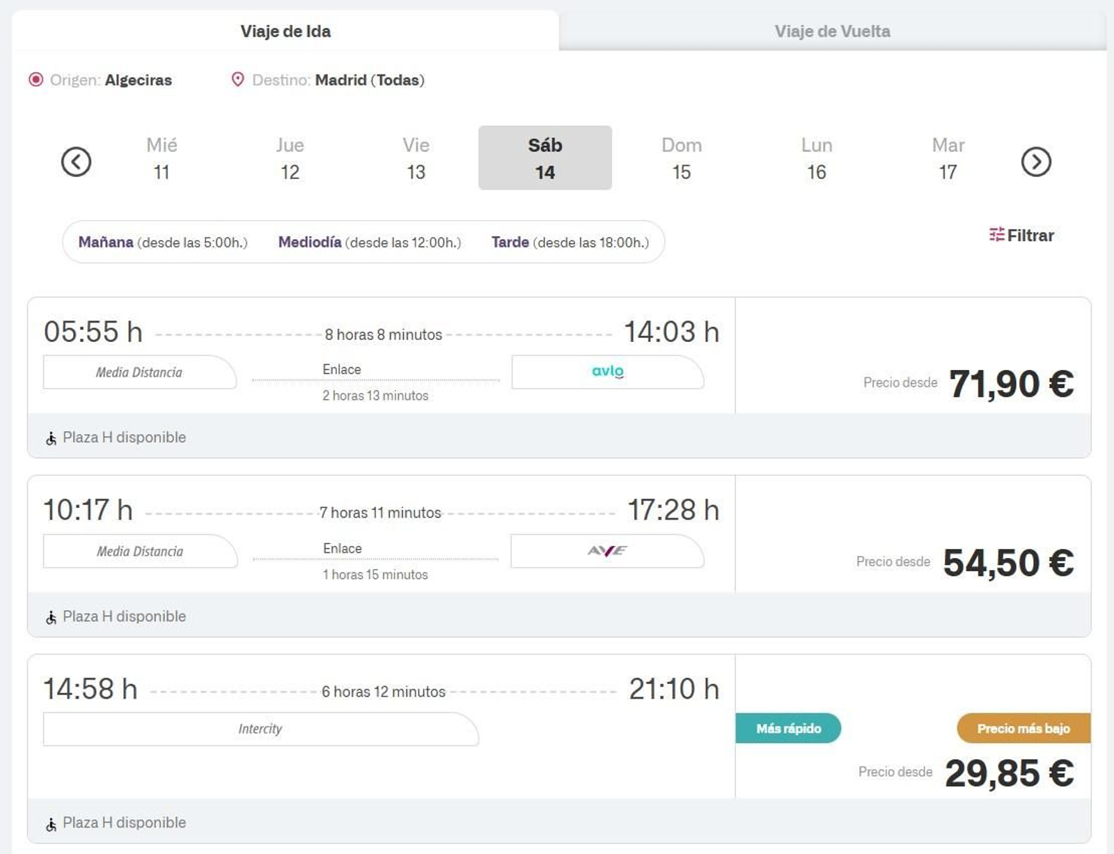 Oferta de trenes para el 14 de diciembre, último día del Intercity Algeciras-Madrid.