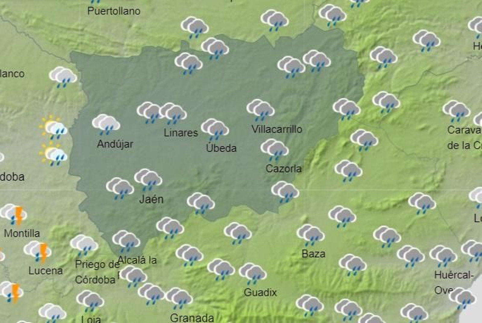 Previsión de lluvias generalizadas para el miércoles en la provincia de Jaén.