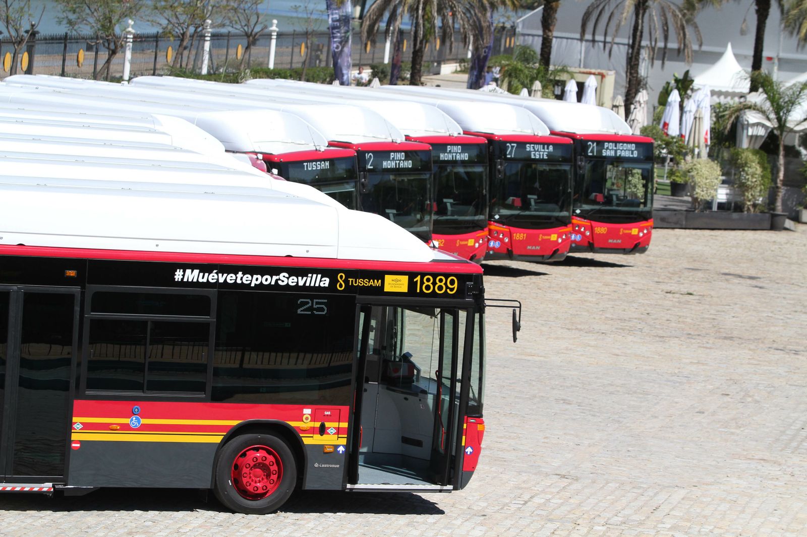 Imagen de archivo de un acto de presentación de nuevos autobuses de Tussam que usan gas natural.