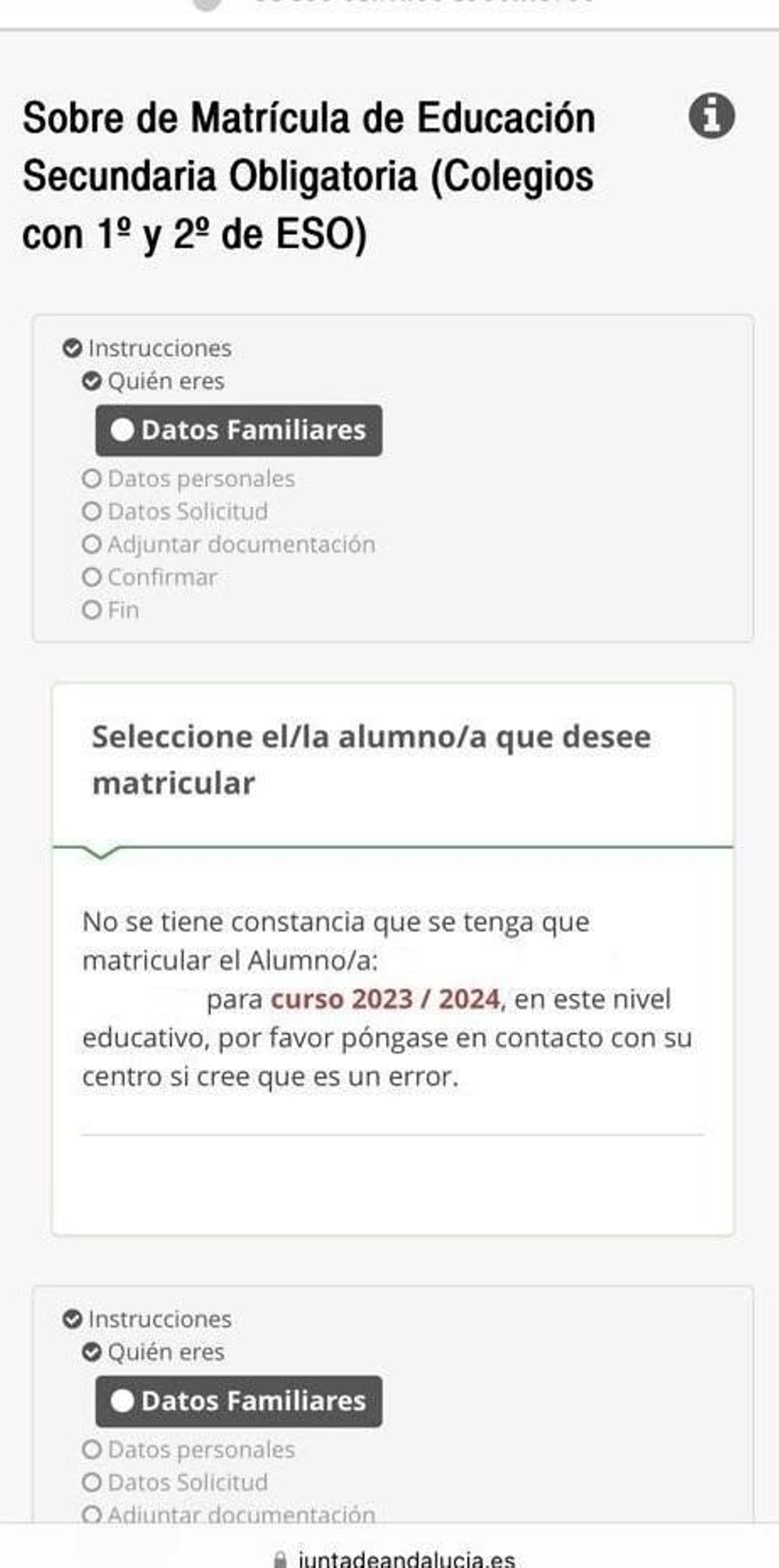 Respuesta dada a una madre durante la matriculación 'on line' de su hijo.