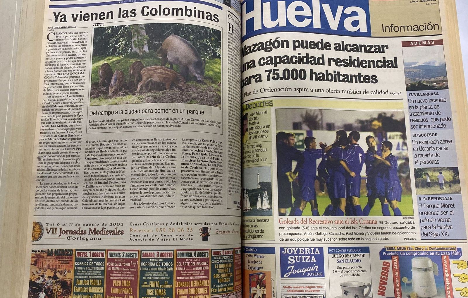 Portada del periódico Huelva Información del 28 de julio de 2002