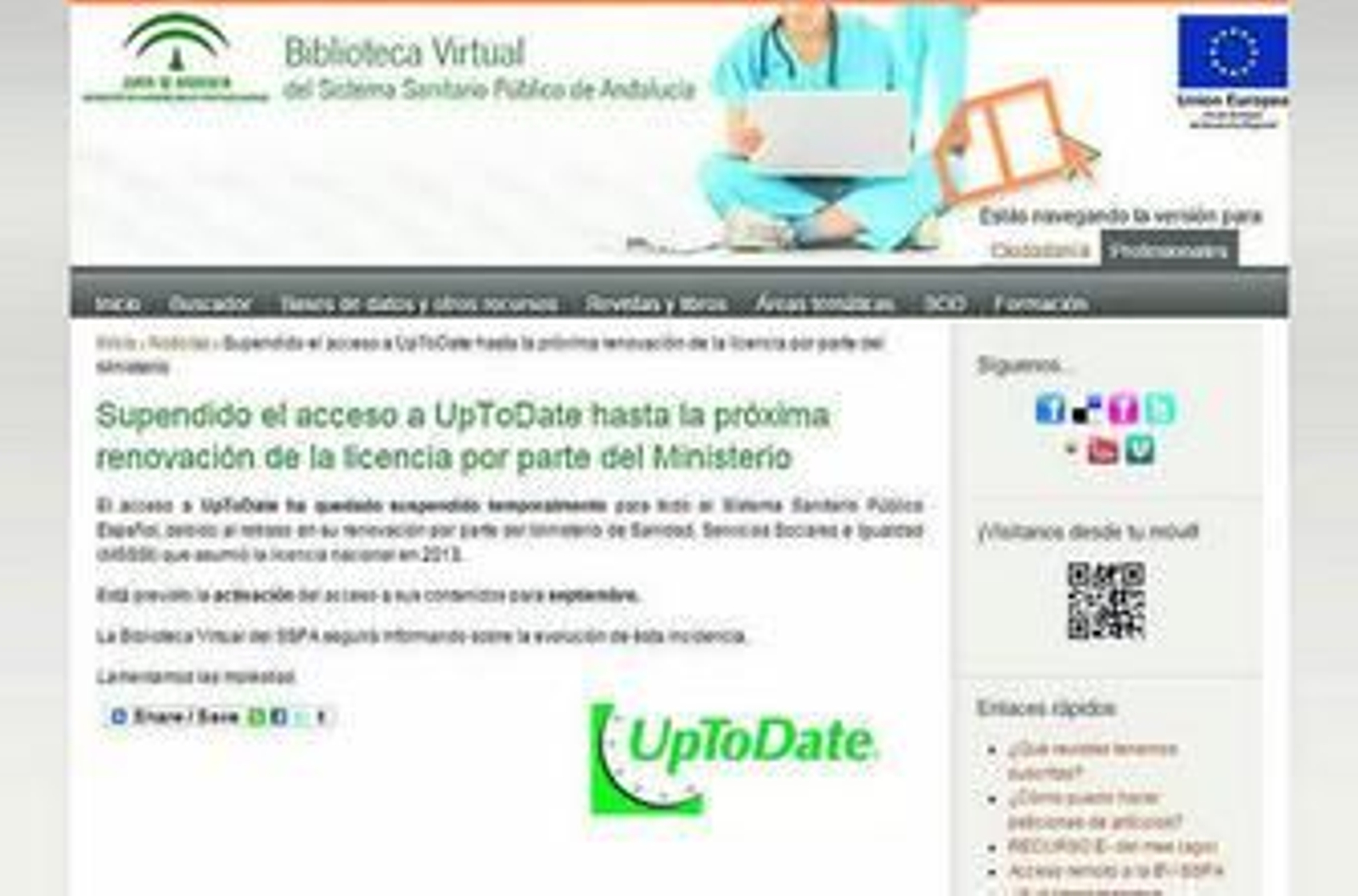 Página de la Biblioteca Virtual que informa a los usuarios que UpToDate no está disponible.