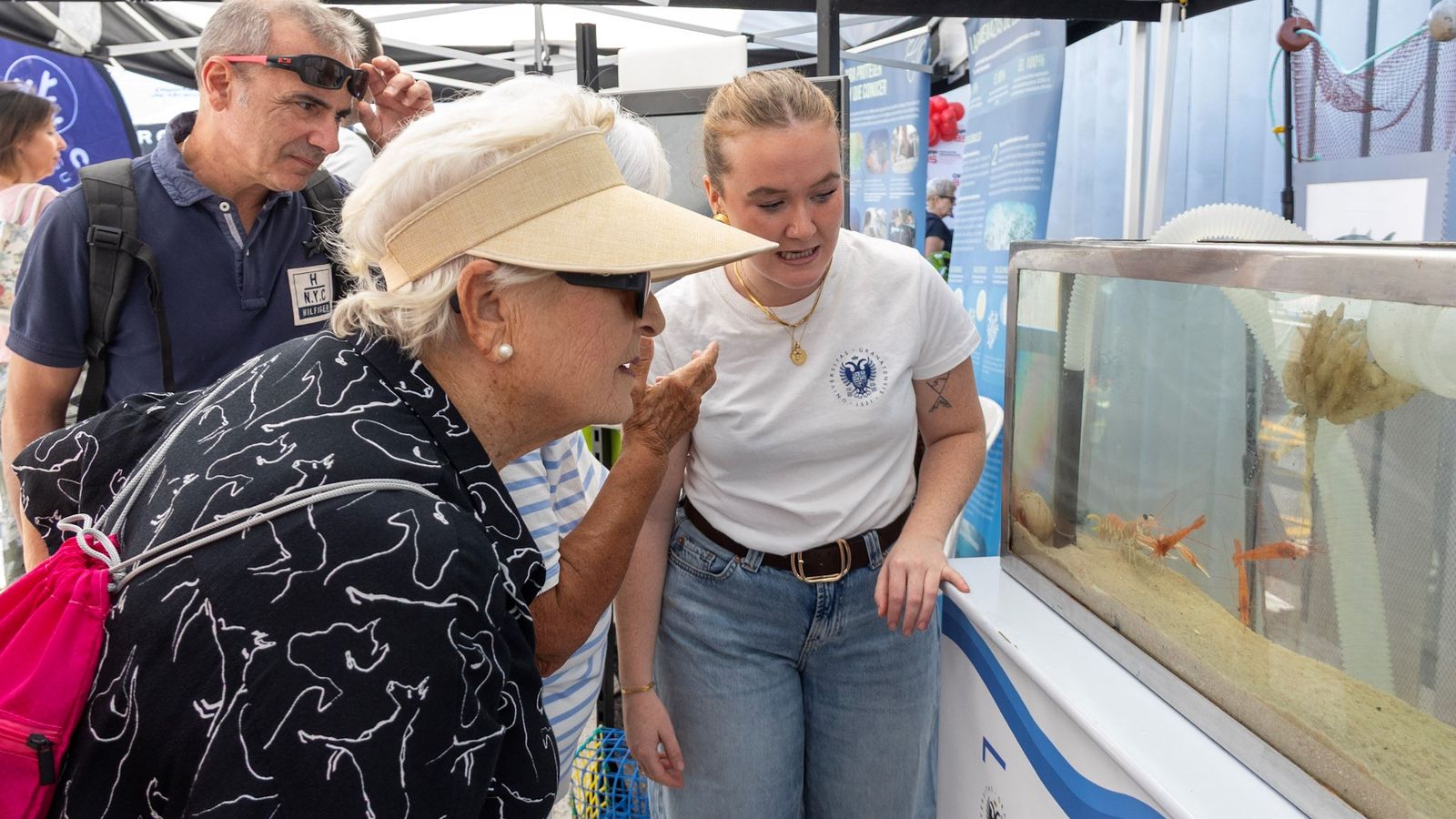 Varias personas viendo una puesta de calamar y unas quisquillas Varias personas viendo una puesta de calamar y unas quisquillas