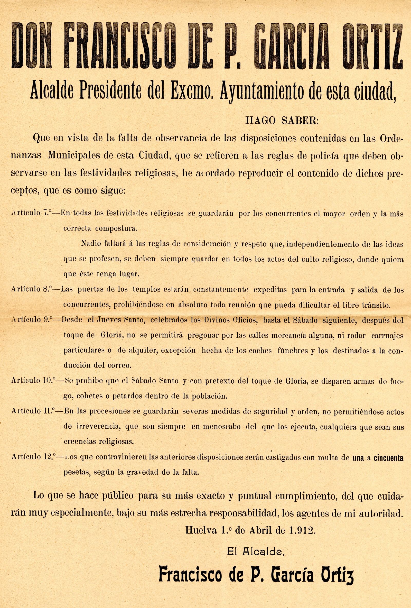 Bando de la alcaldía de Huelva sobre la Semana Santa, en 1912.