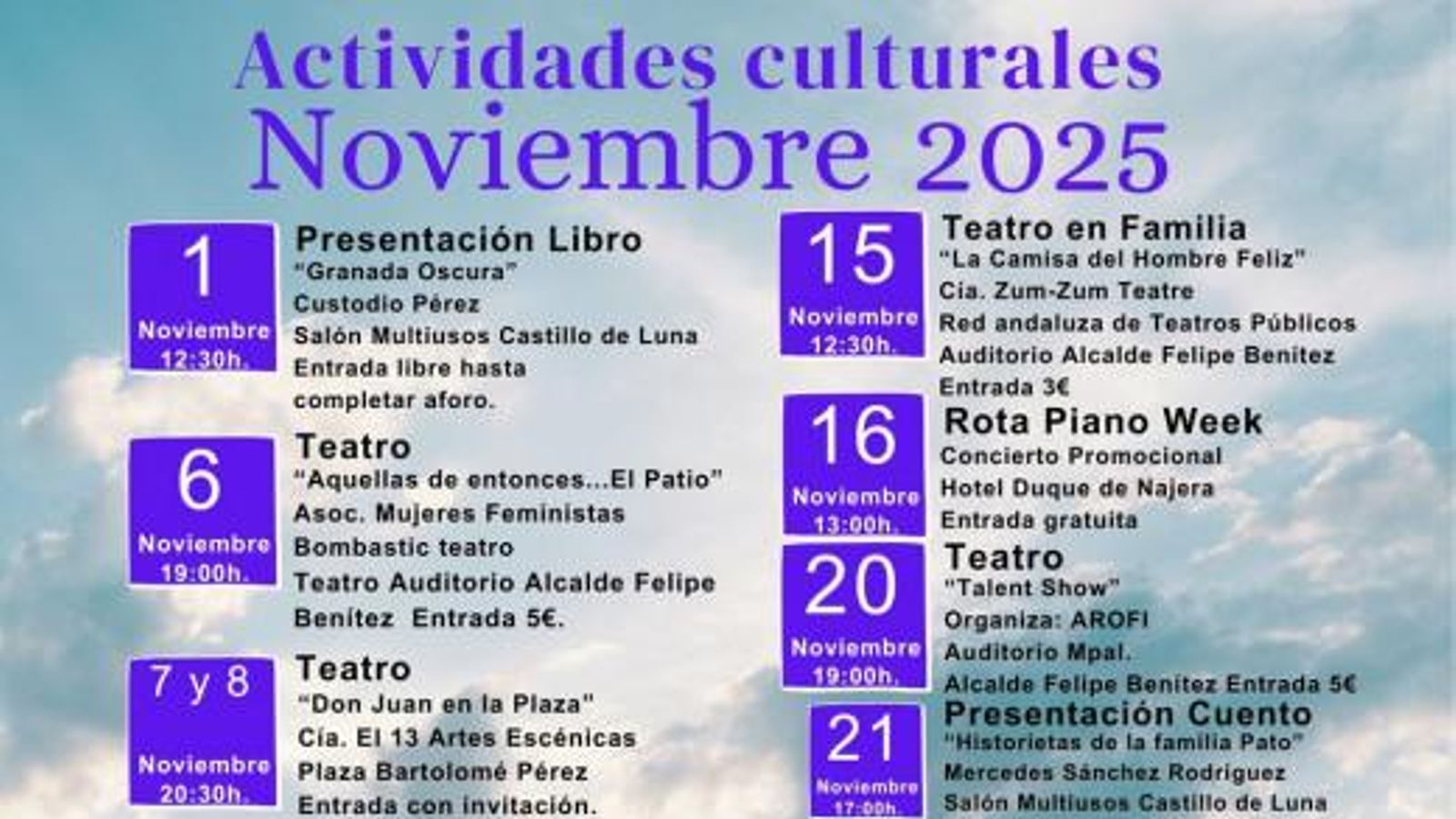 Programación cultural de noviembre 2025, en Rota.