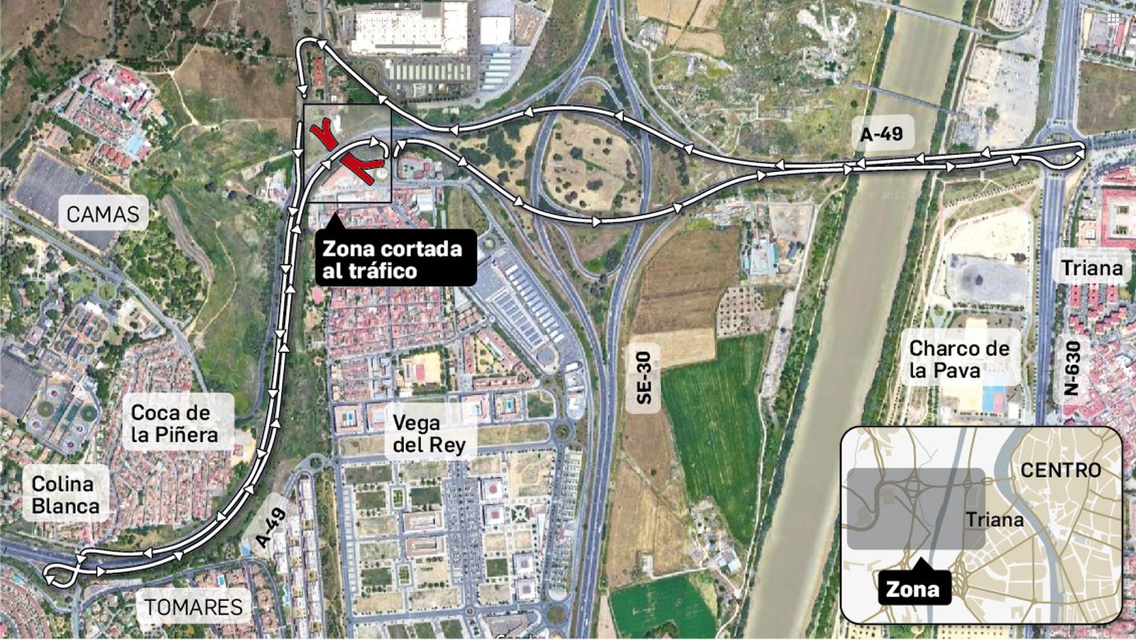 La zona de las glorietas entre Camas y La Pañoleta que se corta al tráfico en la N-630.