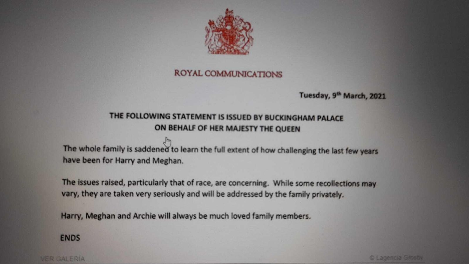 El comunicado oficial difundido este martes desde el Palacio de Buckigham.