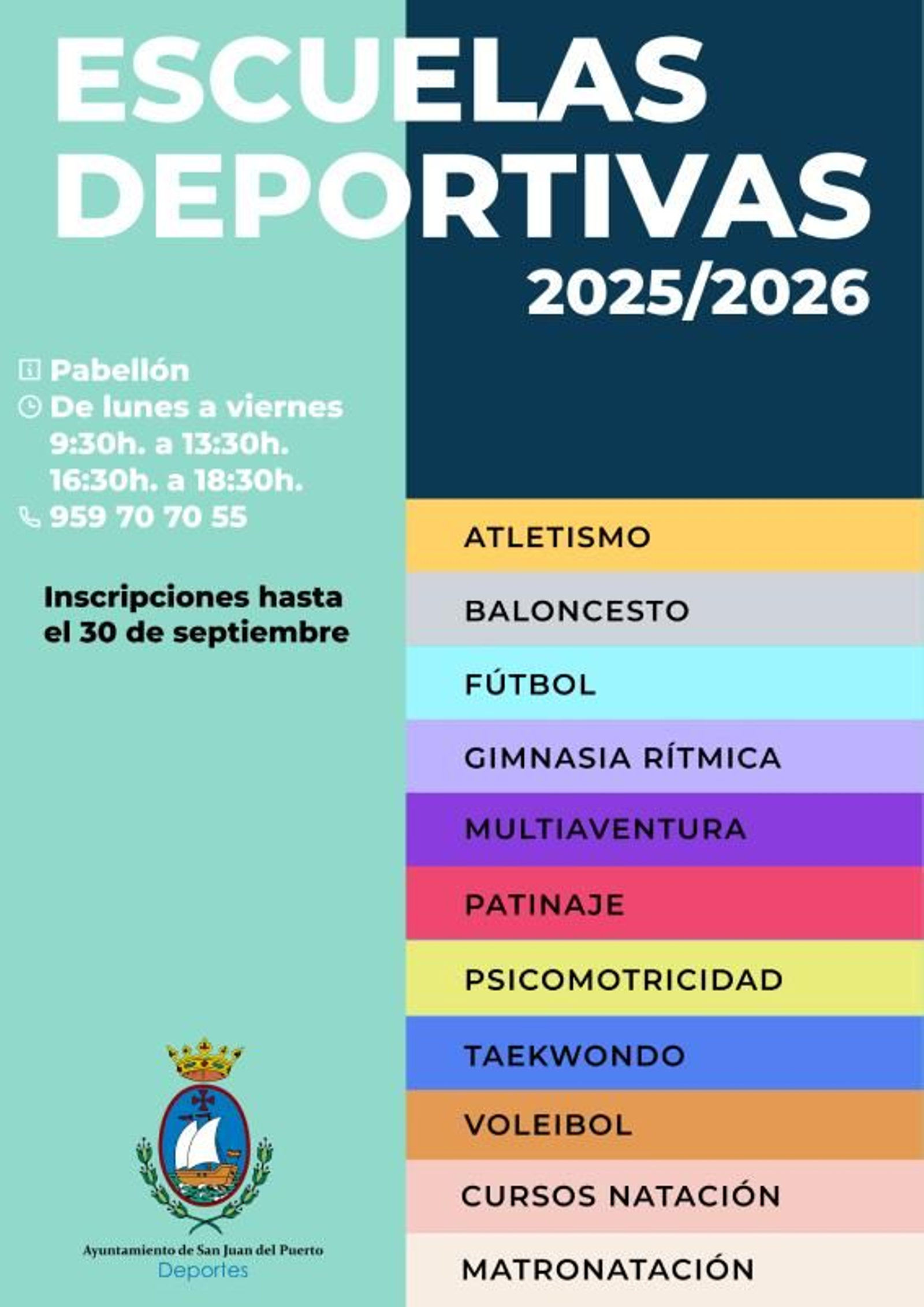 Cartel con la oferta de Escuelas Deportivas en San Juan de Puerto.