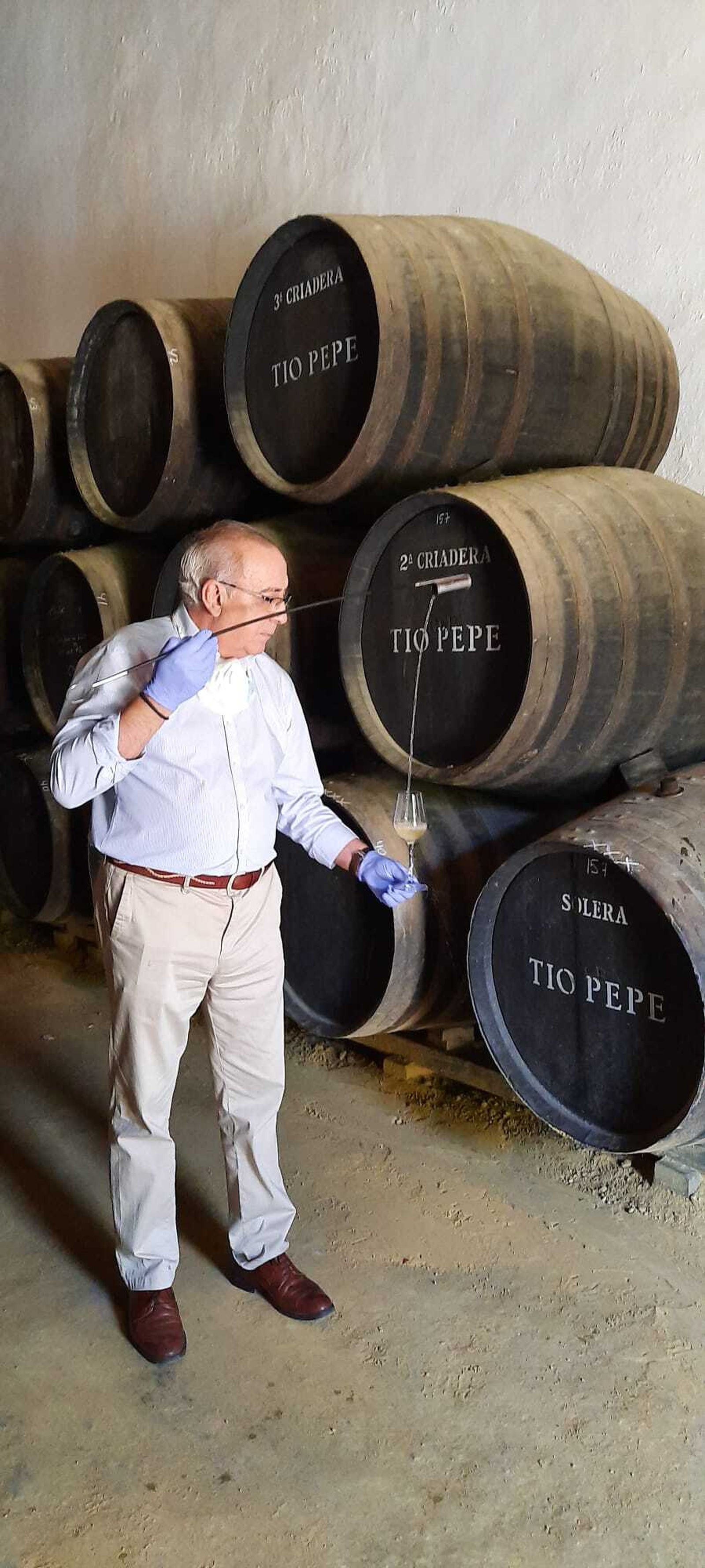 El hacedor de vinos venencia en manos y con guantes por exigencia del estado de alarma.