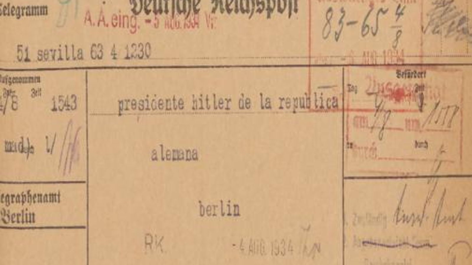 Telegrama enviado a Hitler.