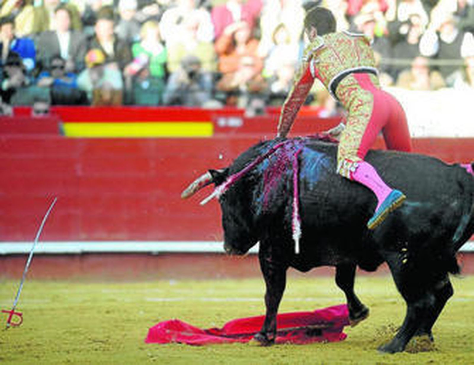 Daniel Luque montado sobre el toro 'Caprichoso' que le corneó ayer en Valencia.