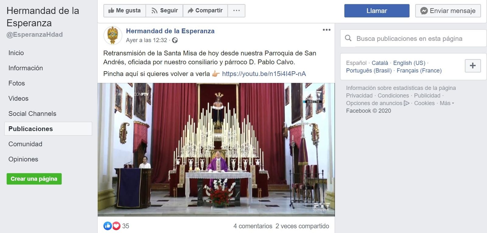 Retransmisión de la misa por vía telemática desde el Facebook de La Esperanza