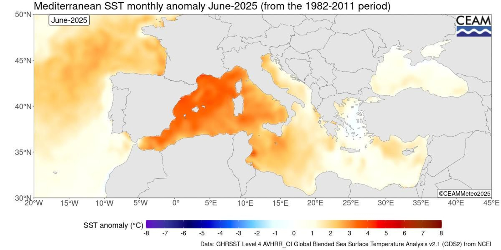 Última anomalía mensual (junio) de la temperatura de la superficie del mar.