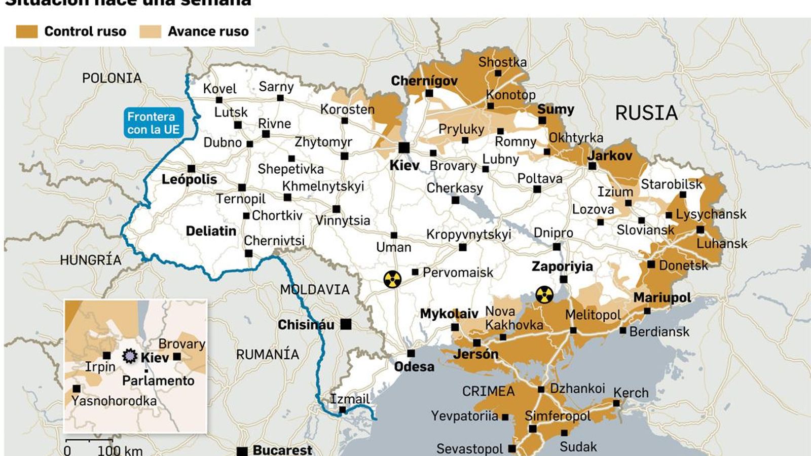 Situación de los combates en Ucrania hace una semana.