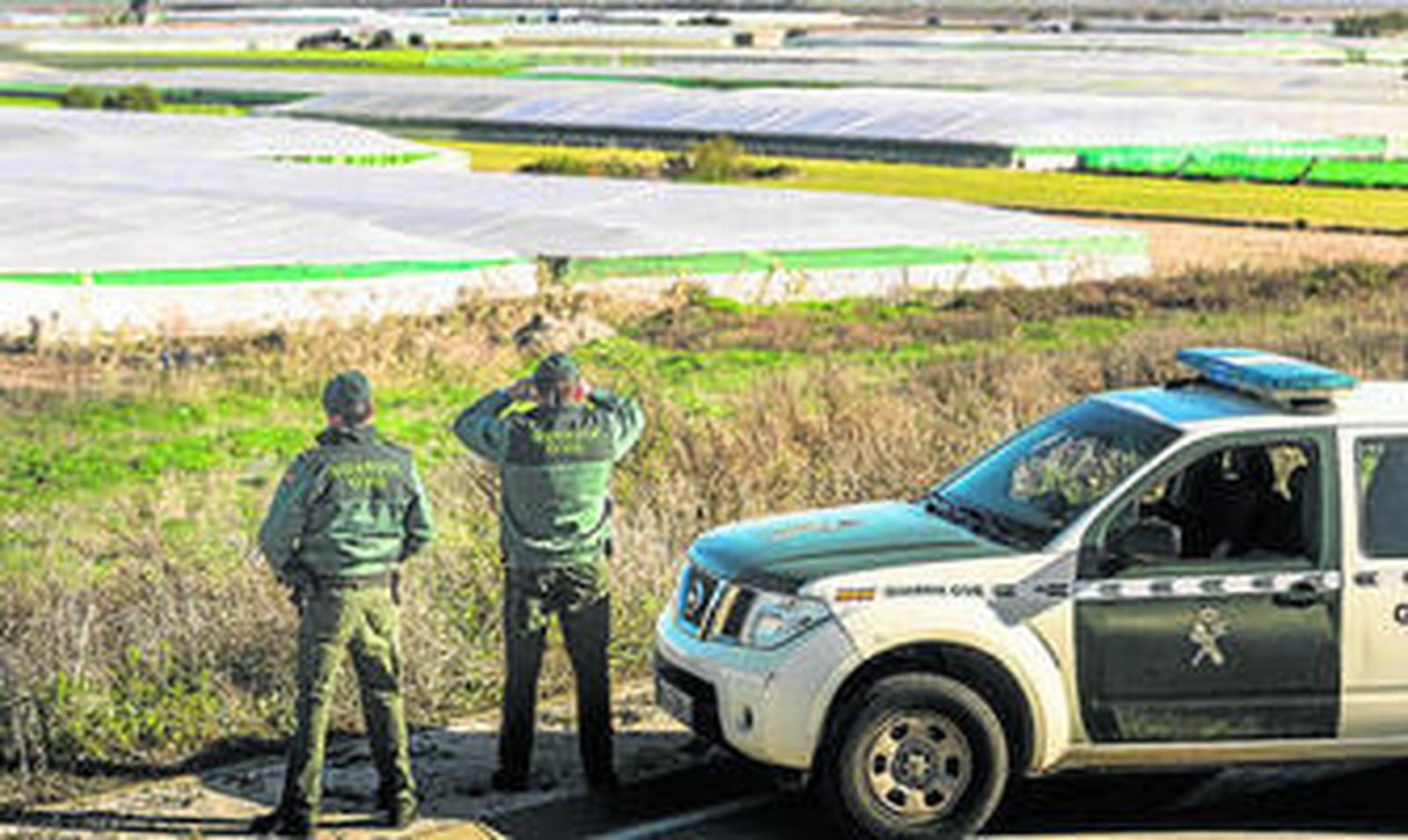 Dos guardias civiles vigilan una zona rural de la provincia de Sevilla.