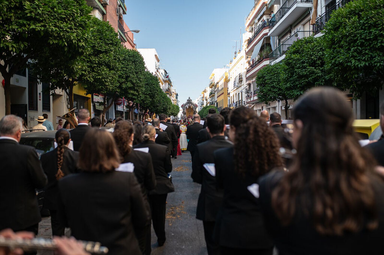 Músicos de la Oliva interpretando música tras el Simpecado macareno