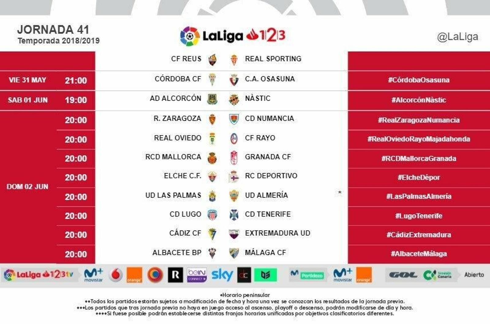 Todos los horarios de la jornada 41 de Segunda División