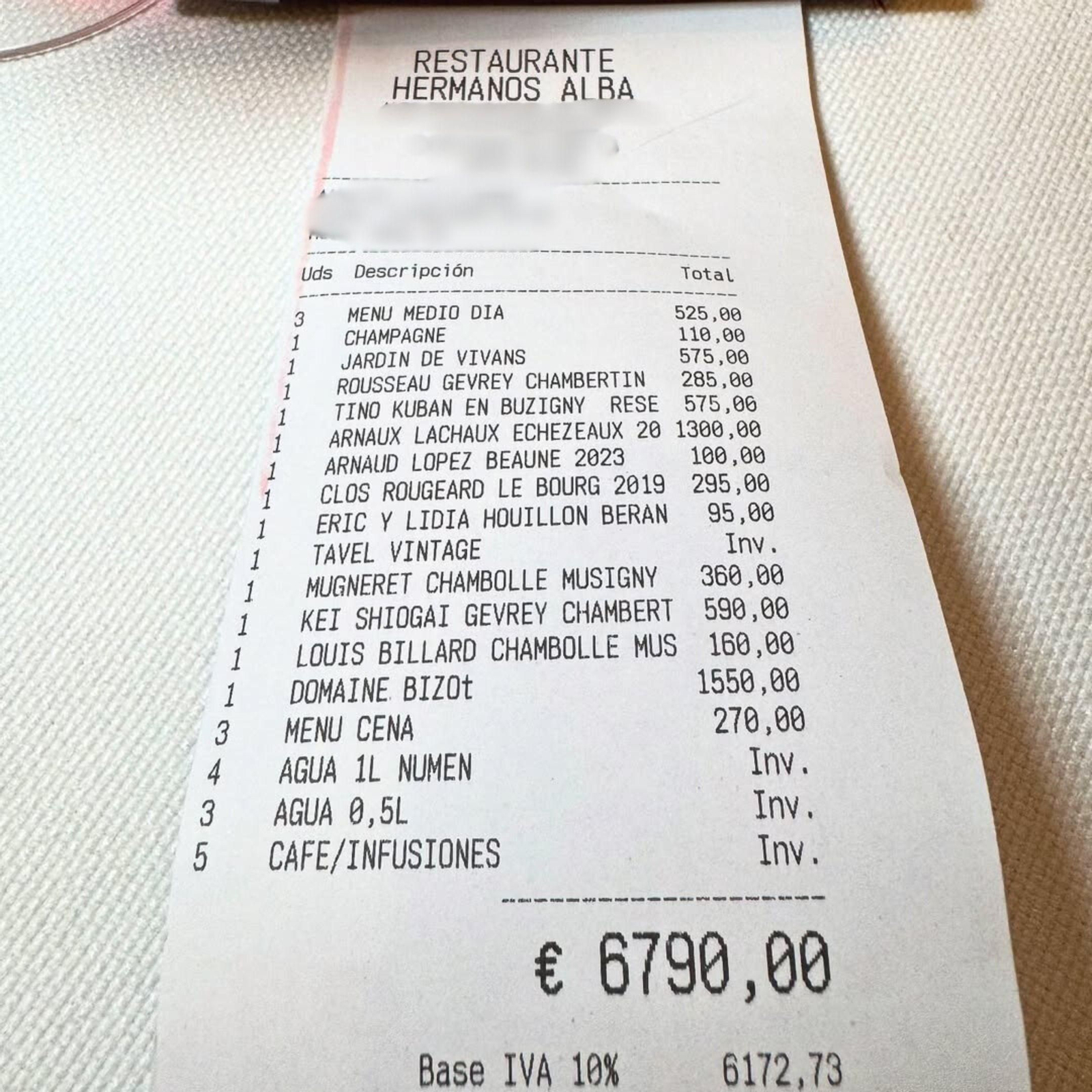 Factura de 7.000 euros de Alberto de Luna en el restaurante malagueño de Hermanos Alba.