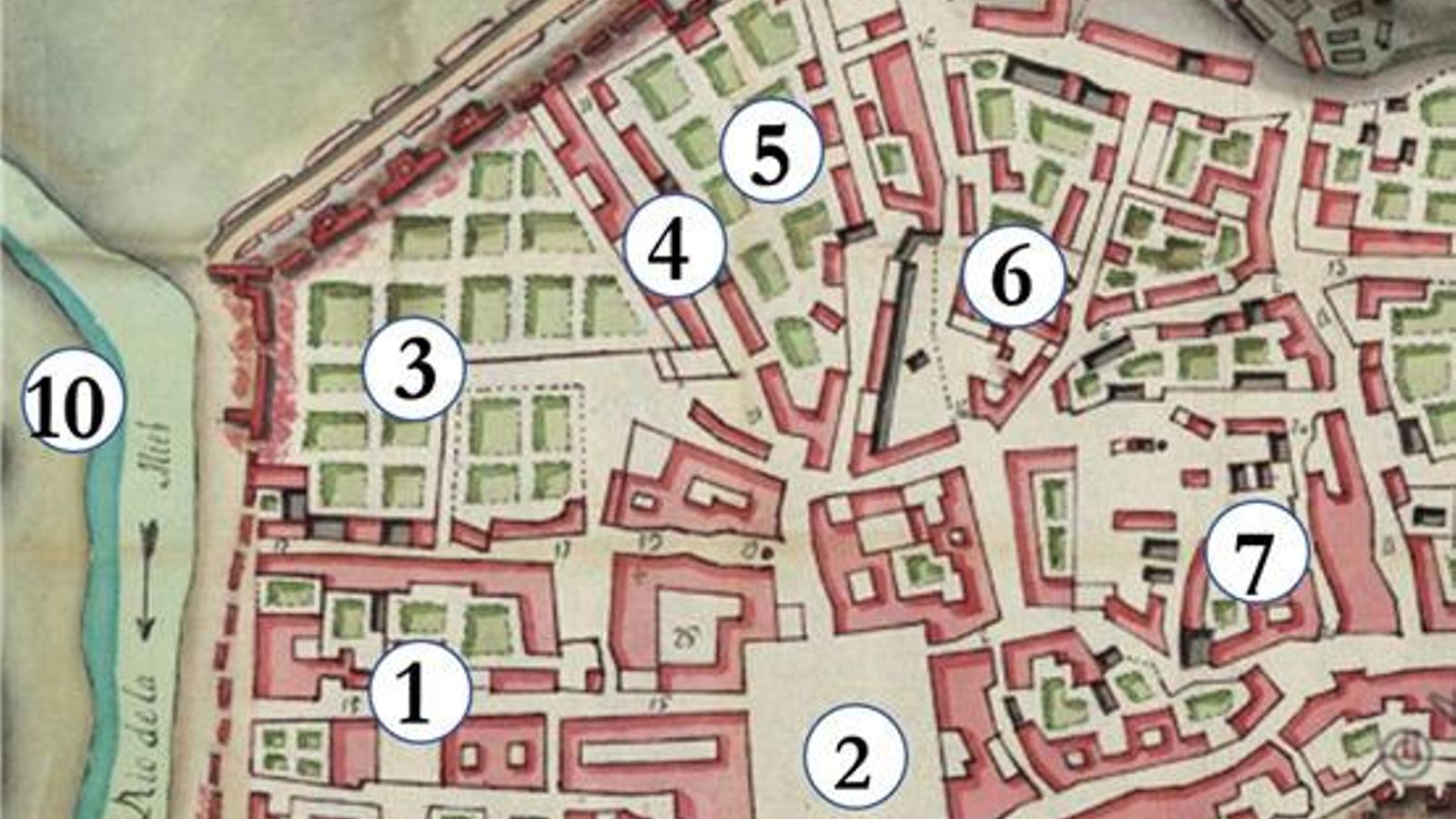 Plano de 1736 (detalle):  1) Elevación (antigua isla o península), 2) Plaza Baja (posible puerto interior),  3) Zona pantanosa poco edificable, 4) Calle Tarifa, 5) Espacio intermedio,  6) Piedemonte, 7) Zona de cuestas, 8) Puerta de Tarifa, 9) Ojo del muelle,  10) Actual Villa Vieja.