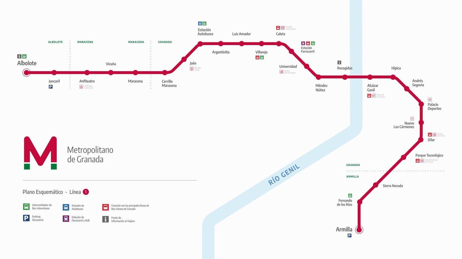 Plano con las diferentes estaciones del metro de Granada. Plano con las diferentes estaciones del metro de Granada.