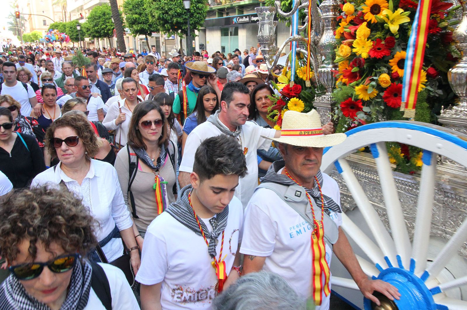 Imágenes de los caballistas, peregrinos a pie y carros de la Hdad de Emigrantes