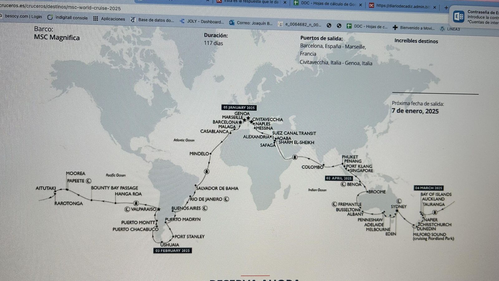 Mapa con la ruta que llevará a cabo el MSC Magnífica en su vuelta al mundo en 2025