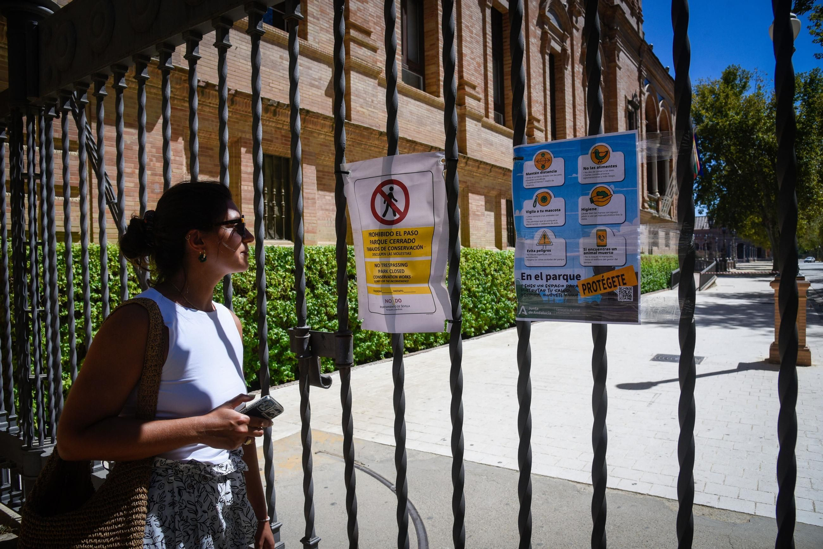 Una mujer observa la cartelería que informaba del cierre del Parque María Luisa de Sevilla por el brote de gripe aviar.