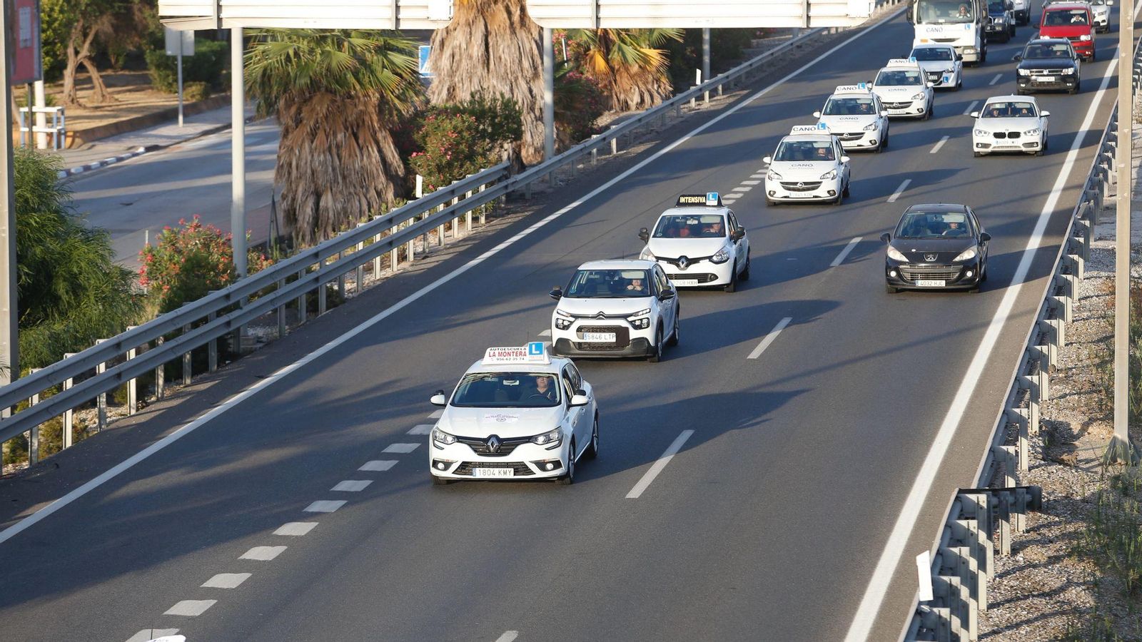 Decenas de coches de autoescuela se movilizan desde Algeciras hasta La Línea para protestar por la drástica reducción de plazas para exámenes de conducir.