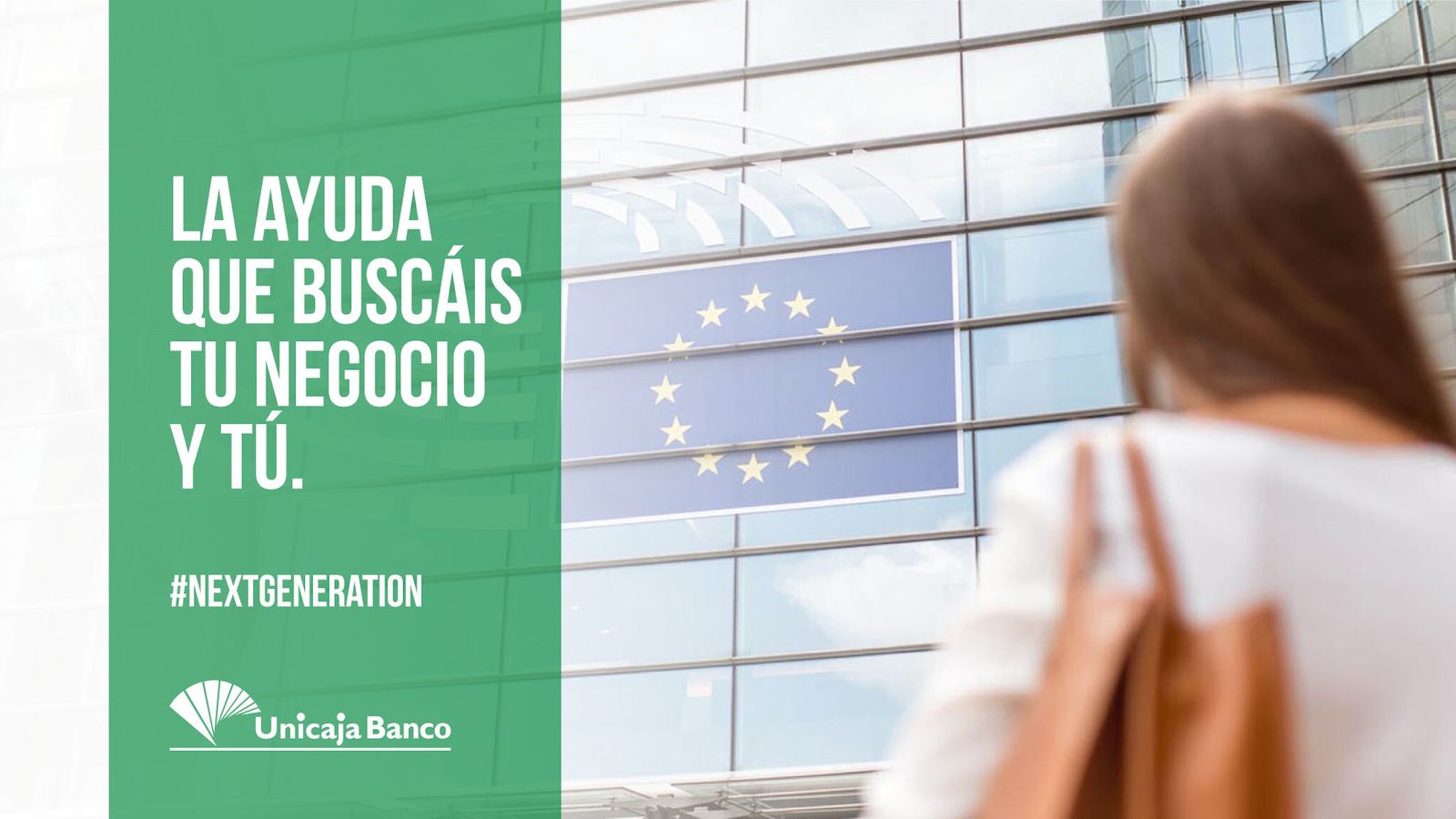 Cartel del simulador Next de Ayudas Europeas de Unicaja Banco.