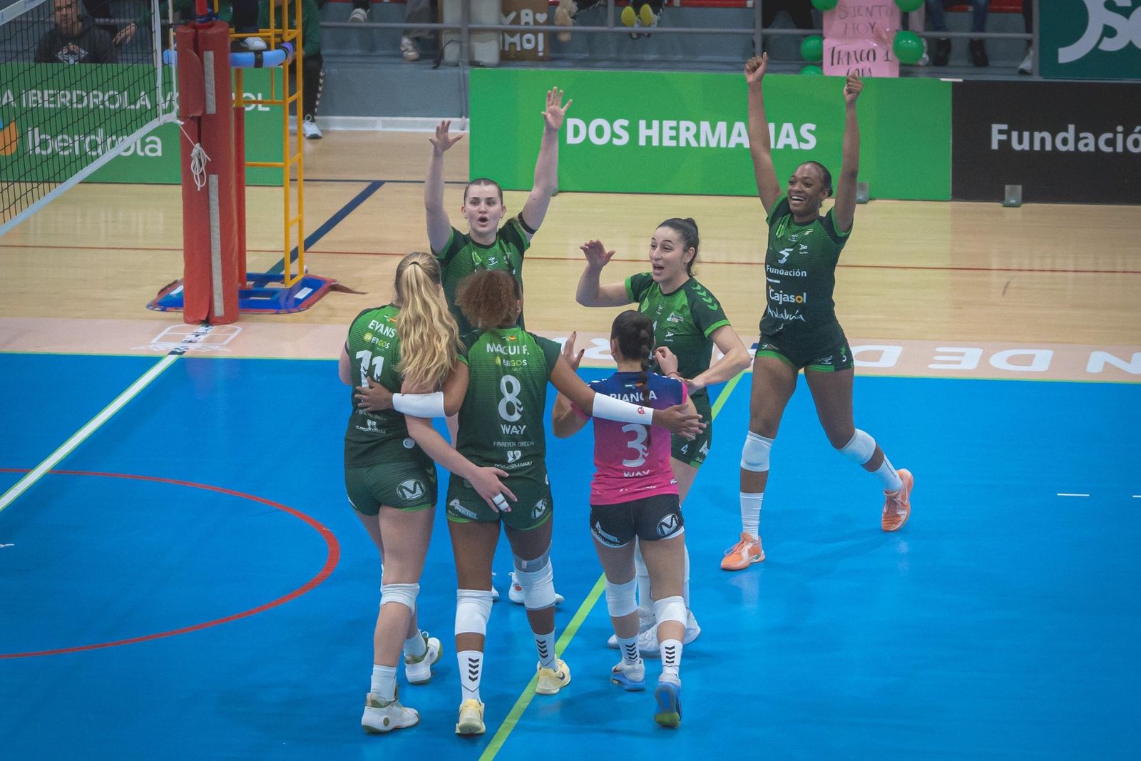 Las jugadoras del Fundación Cajasol Andalucía celebran un punto en el partido ante el Arenal Emevé.