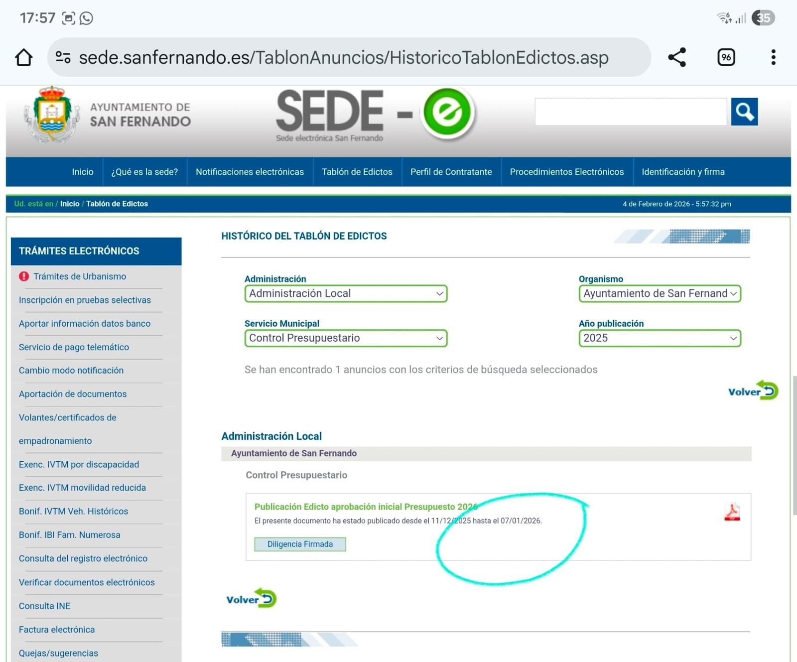 Extracto del tablón de anuncios donde figura el plazo para la presentación de alegaciones a los presupuestos de San Fernando