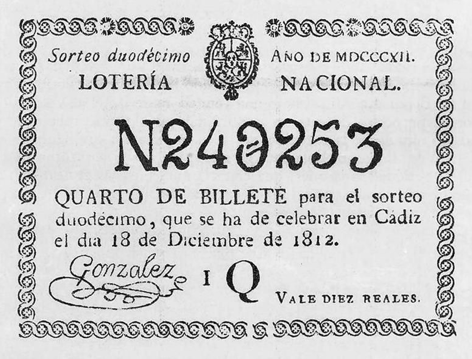 Un cuarto de billete del primer sorteo de Navidad celebrado en España.