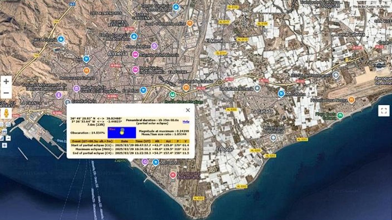 Mapa de Almería con los datos precisos del eclipse del 29 de marzo 2025 para la playa del Zapillo, extraído del excelente sitio de Xavier Jubier http://xjubier.free.fr/en/index_en.html