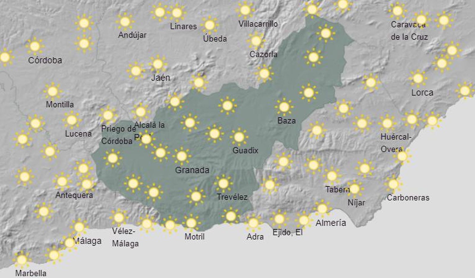 Mapa de previsión meteorológica de Aemet para este domingo en la provincia de Granada