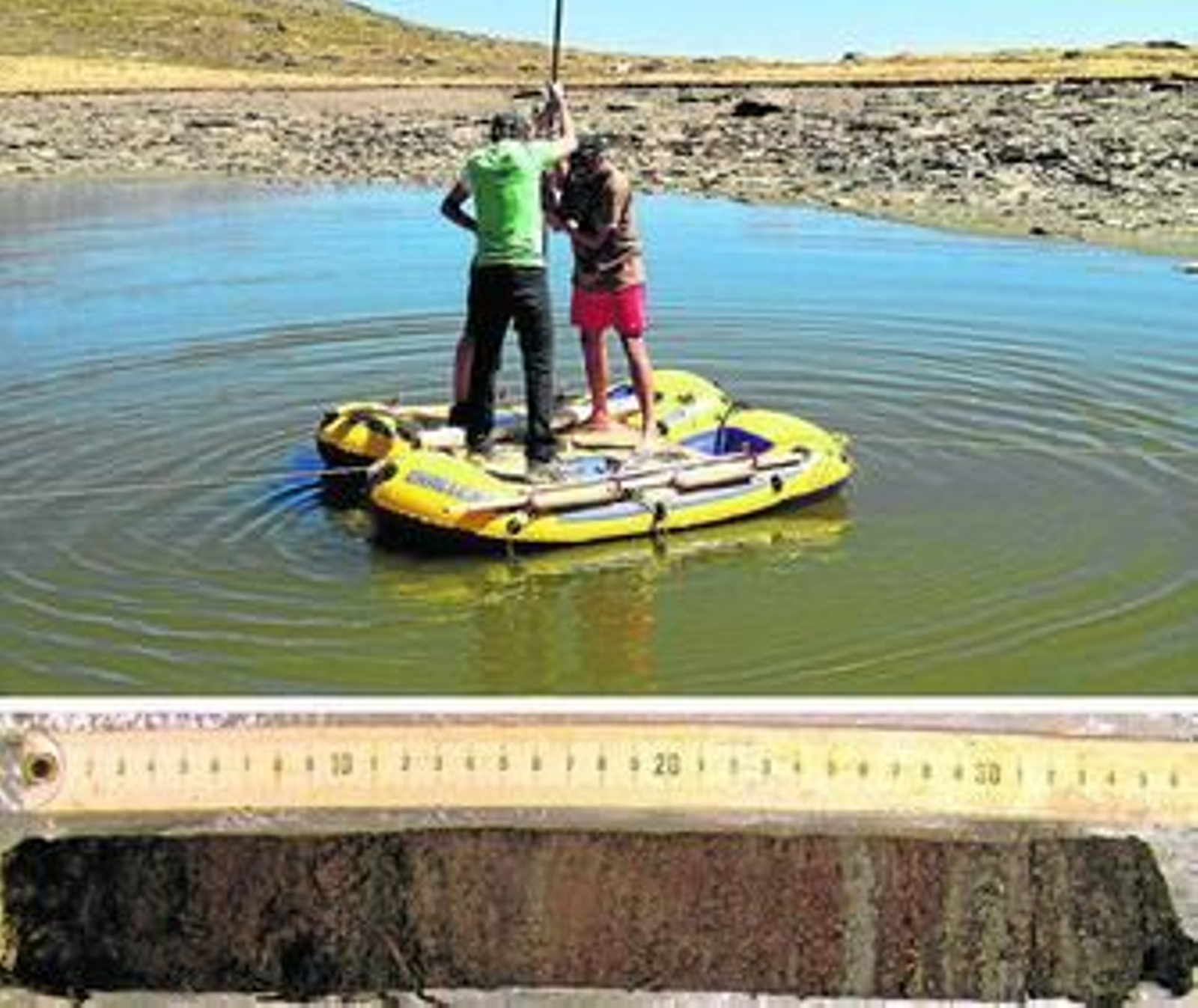 Muestreo de la Laguna de Peñón Negro y testigo sedimentario obtenido para realizar un estudio paleoclimático.