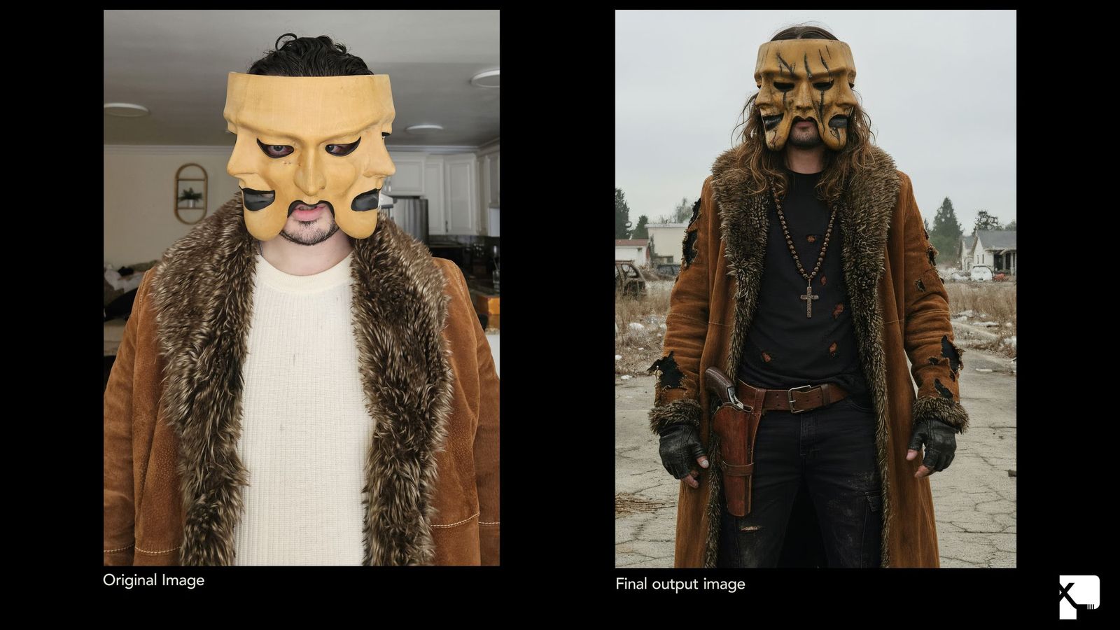 Un personaje antes y después de que la IA haga su 'magia'.