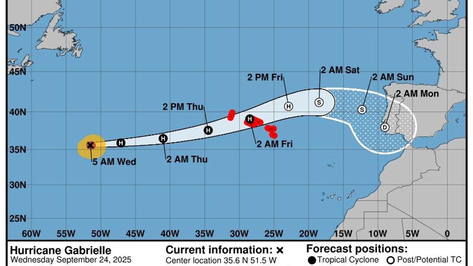 Trayectorías previstas hasta el viernes y el domingo del huracán Gabrielle.