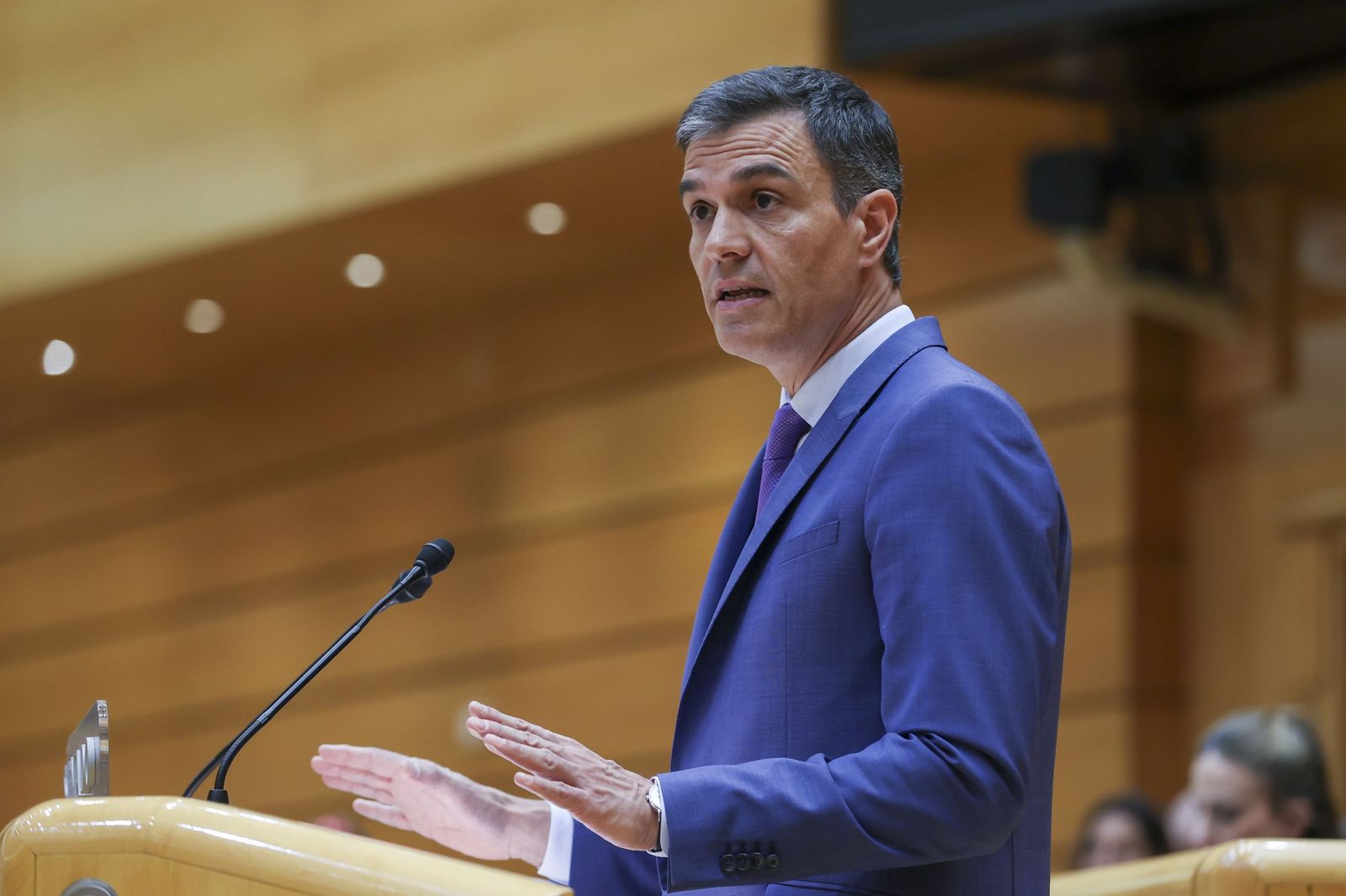 Pedro Sánchez eleva las manos sobre la tribuna del Senado.