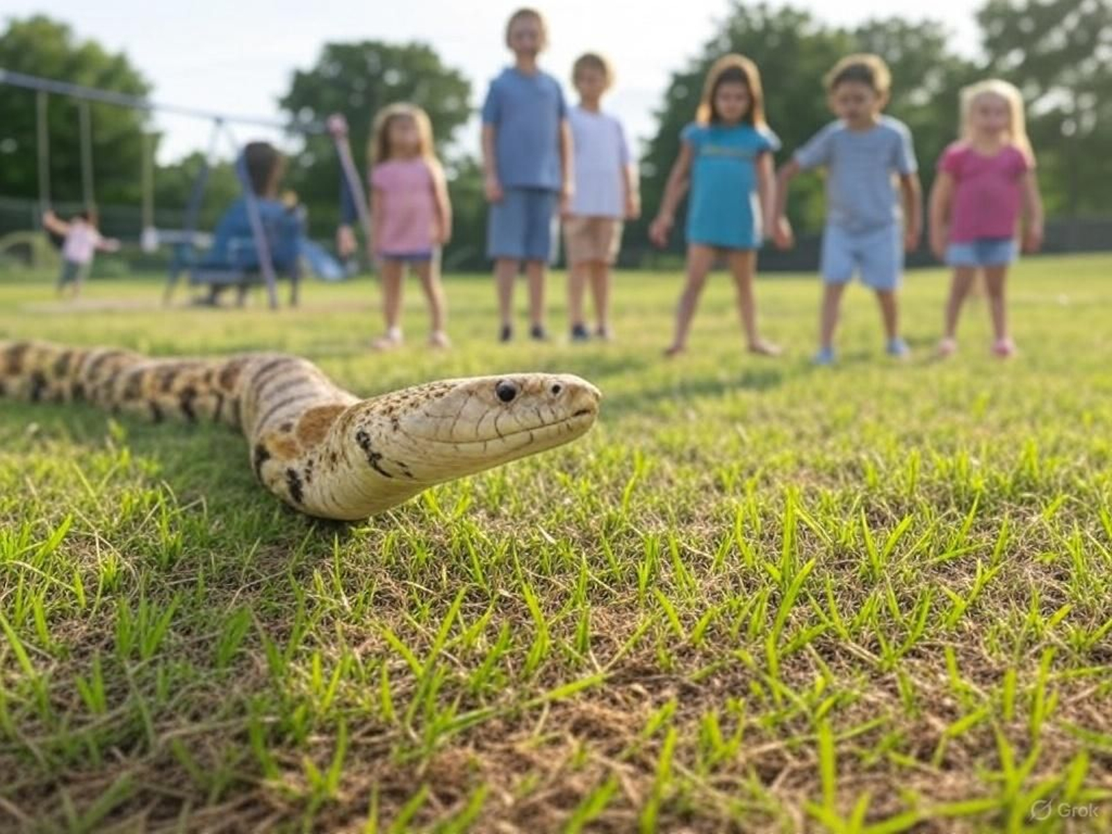 Niños en el parque jugando miran a una culebra (Recreación)