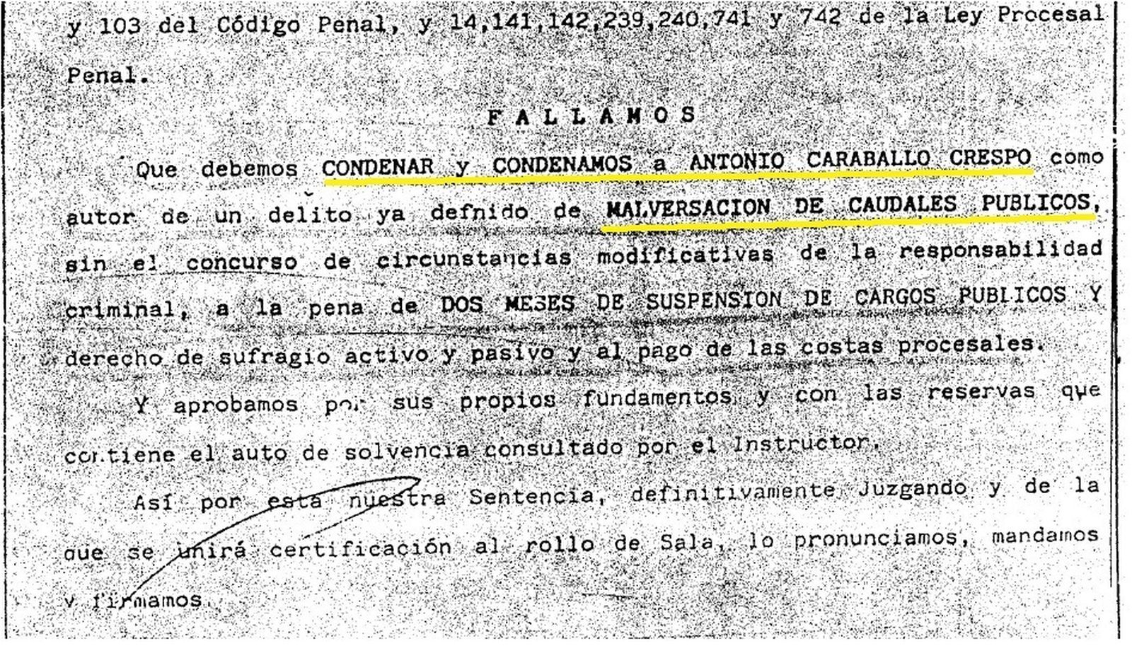Un fragmento de la sentencia que condenó a Antonio Caraballo por malversación de caudales públicos en  el año 1989.