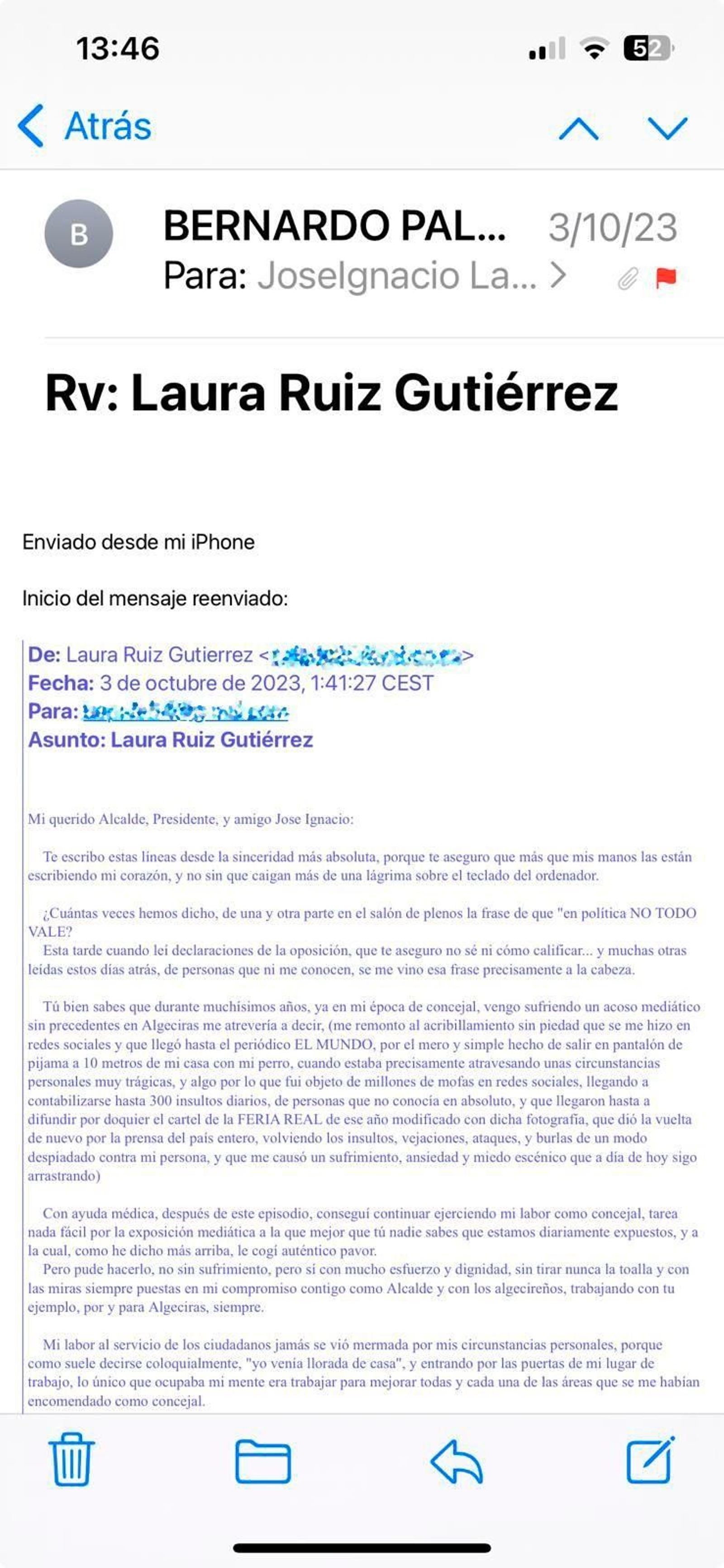 Imagen del correo electrónico enviado por Laura Ruiz a Landaluce.