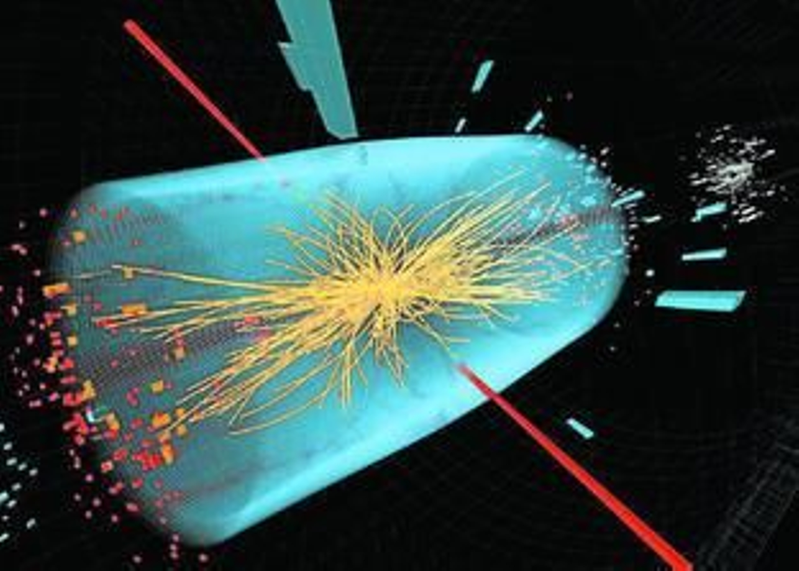 Imagen generada por ordenador que muestra una colisión entre protones en el experimento del CERN en busca del "bosón  de Higgs"./ EFE