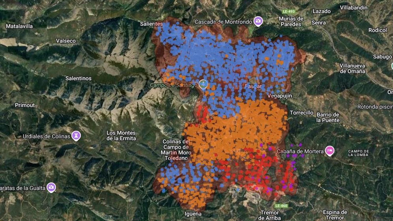 Mapa de la zona afectada por el fuego de Fasgar.